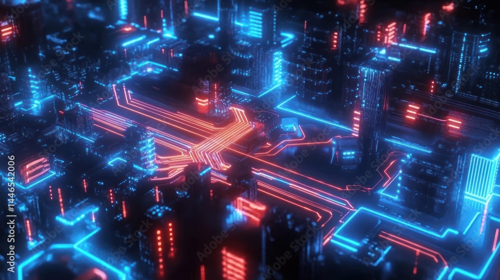 Poster neon cybernetic cityscape with glowing pathways and tech architecture