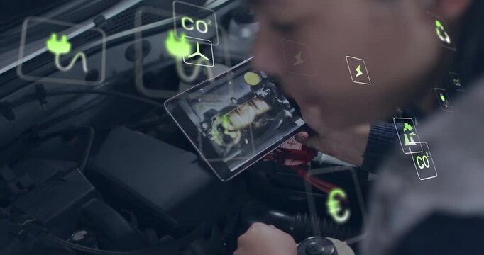 Woman technician inspecting car engine in automotive workshop, showing AR icons for CO? and power - Powered by Adobe