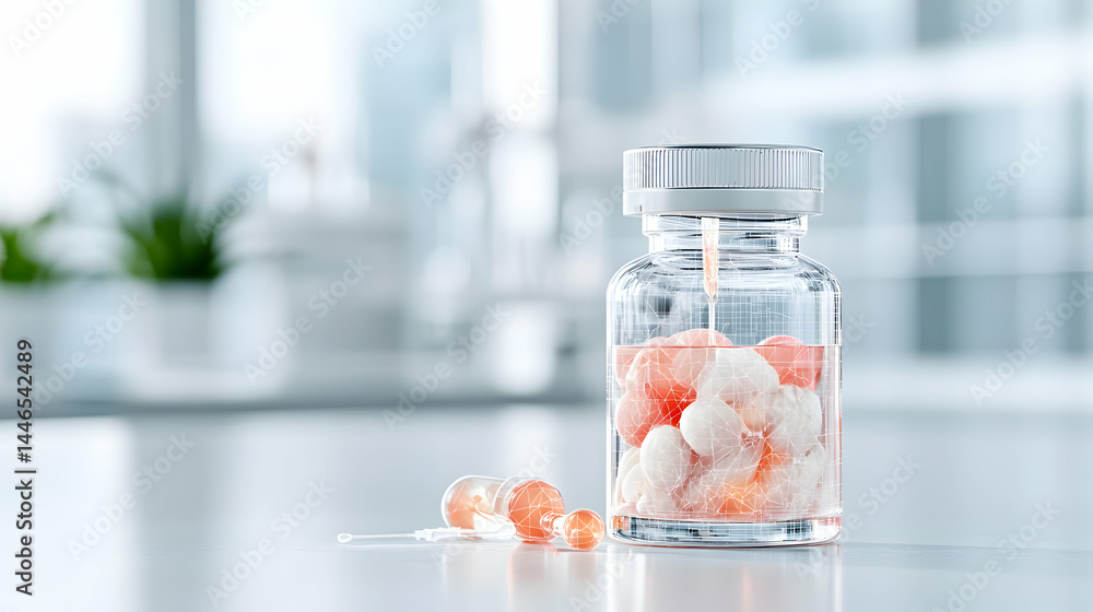 Poster a scientific image of a vial with cells. the image conveys biotechnology research innovation. perfec