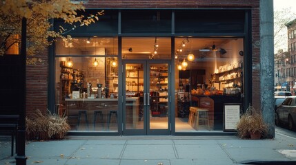 Charming store facade in city, offering a warm ambiance and inviting atmosphere