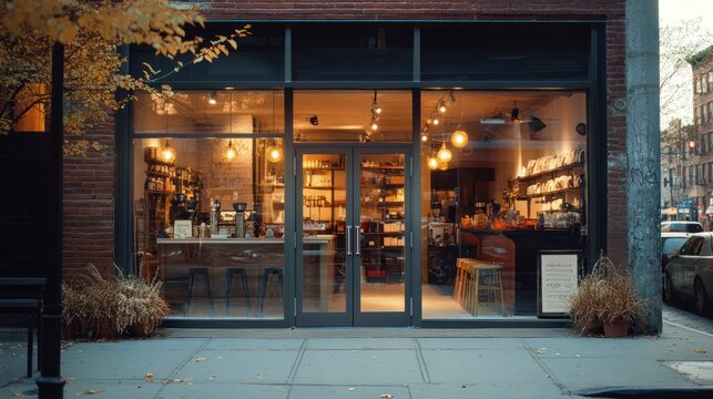 Charming store facade in city, offering a warm ambiance and inviting atmosphere