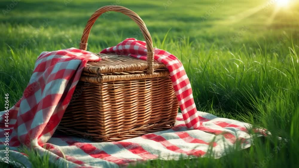 Poster wicker basket and picnic blanket on grass. banner layout with text space.