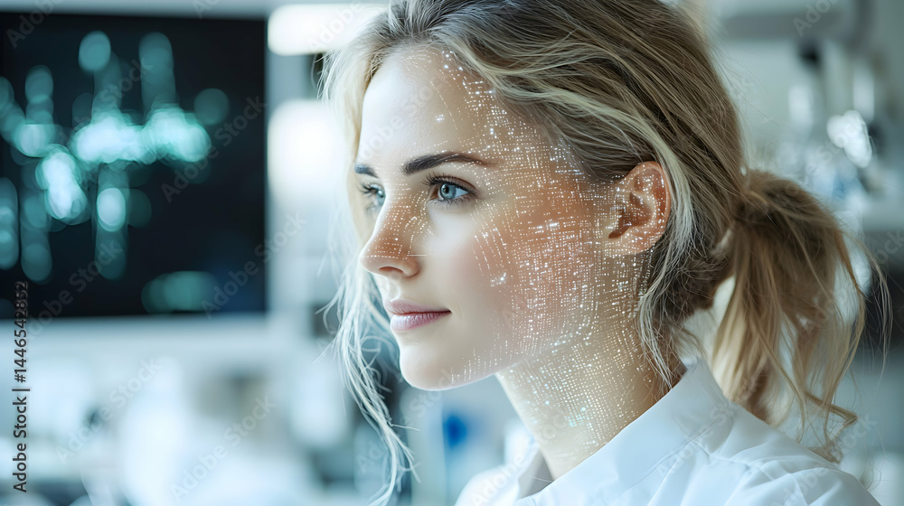 Poster a woman's face overlaid with digital patterns suggests ai or futuristic technology. could be used in