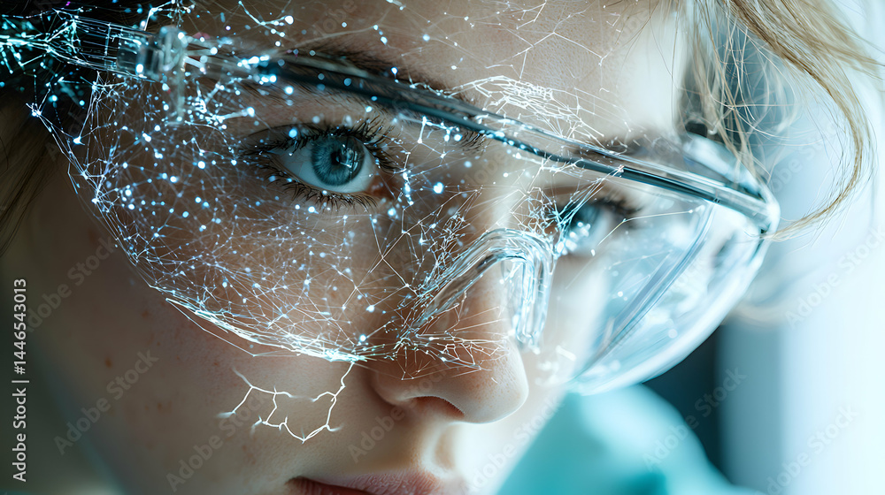 Aufkleber a close-up shot of a person wearing futuristic glasses that overlay a network of glowing lines acros