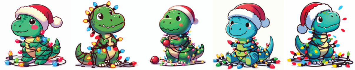 Cute Cartoon Dinosaurs with Christmas Lights Vector Set
