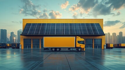 A vibrant yellow truck parked in front of a modern warehouse with solar panels at sunset