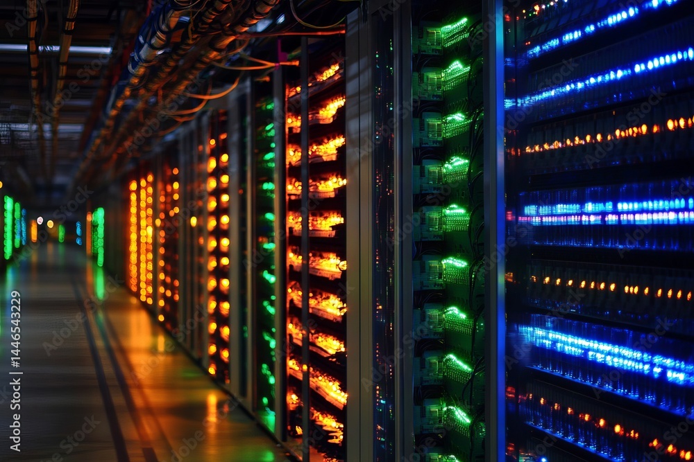 Poster modern data center server room interior technology network infrastructure powerful computing digital