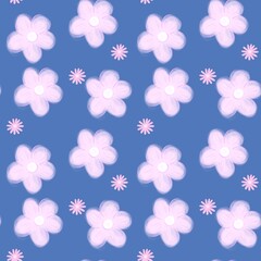 Pastel Pink Blush Flowers Seamless Pattern on Blue Background with Hand Drawn Style