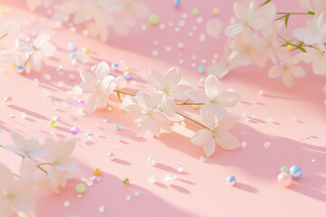 Fototapeta premium Elegant white blossoms on a soft pink surface with scattered iridescent beads and confetti creating a dreamy scene.
