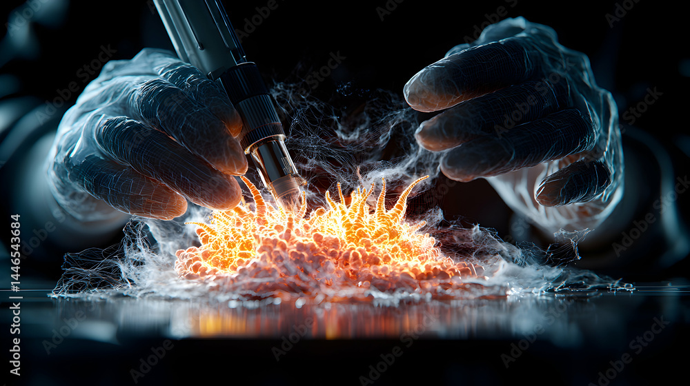 Poster an artistic rendering of hands with a tool focusing on an energy field possibly manipulating particl
