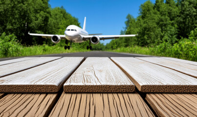Airplane Approaches Landing on Runway Surrounded by Lush Green Trees with Wooden Deck in Foreground for Travel and Adventure Themes