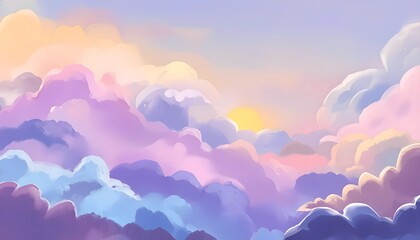 Dreamy pastel clouds with a golden sun shining through, soft and ethereal.