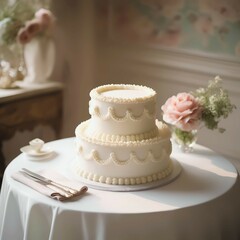 Two-tiered cake on table with flowers in a bright room setting.
