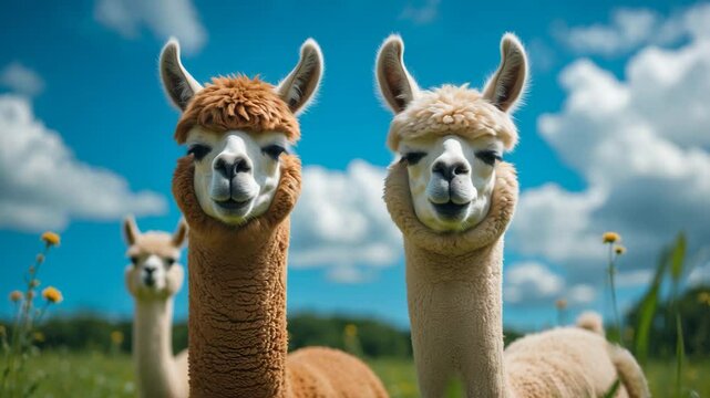 video of two curious and friendly alpacas looking at the camera in a lush meadow.