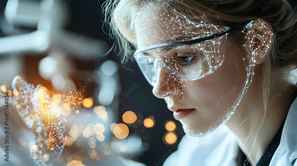 Poster a scientist with a futuristic face-scan overlaid on her features studying data. application is in me