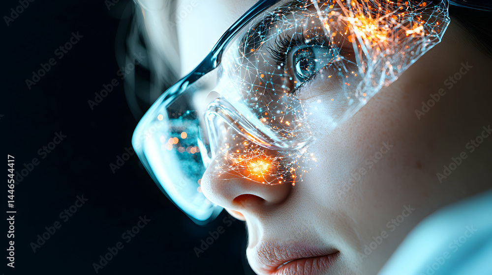 Poster image depicts a person wearing futuristic glasses with light patterns representing technology or dat