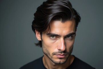 Fototapeta premium man with a slick side-part hairstyle, polished black hair with a subtle shine, professional studio portrait