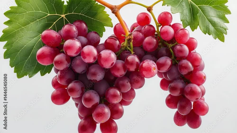 Poster red grape cluster with green foliage placed on a white surface.
