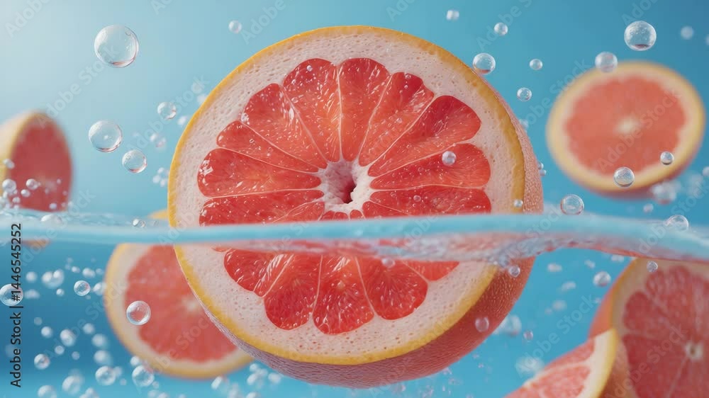 Poster slice of grapefruit floating in soda. segment with bubbles in a sparkling drink. freshly carbonated 