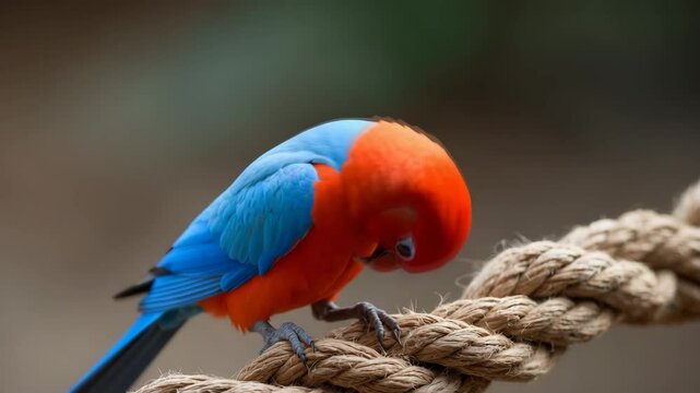 Intimate portrait of a colorful parrot with a bright orange beak, red head, and violet neck area.