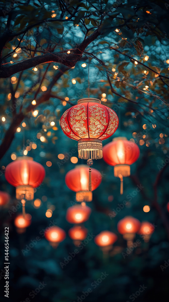 Aufkleber a tree with many red lanterns hanging from it. the lanterns are lit up and create a warm, cozy atmos