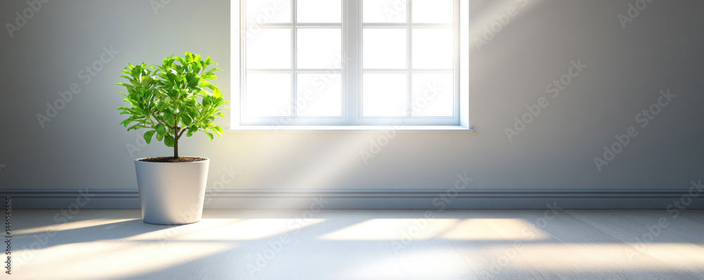 Poster a potted plant sits in front of a window, basking in the sunlight. the room is empty and the plant i