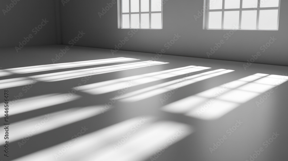 Poster a room with two windows and a white floor. the room is empty and has a very clean and simple look