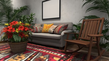 Cozy living room with plants and rocking chair