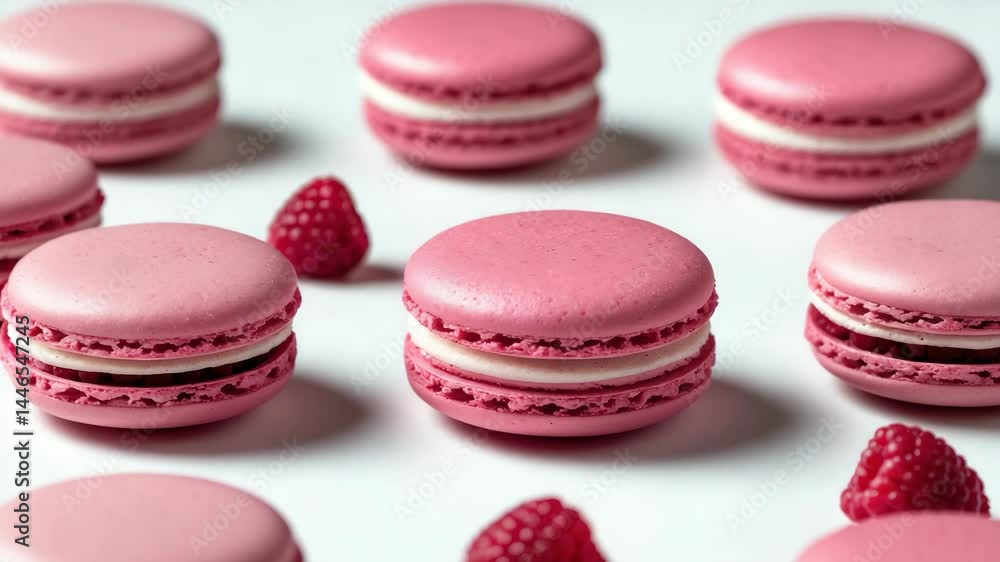 Poster collection of sweet raspberry macarons set against a backdrop.