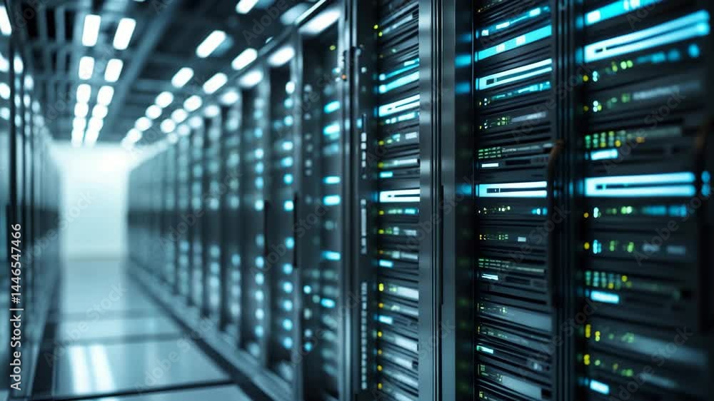 Poster contemporary data center featuring multiple rows of active server racks and advanced technology