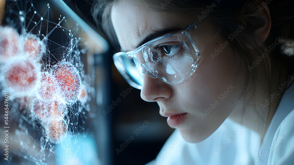 Poster a scientist in a lab setting studies a 3d visualization of cells. this could represent biological re