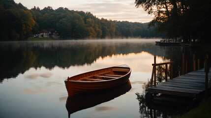 Obraz premium Peaceful lake sunrise. Wooden boat docks at tranquil lake