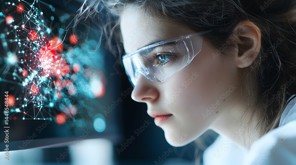 Poster a woman in safety glasses studies a network visualization on a computer screen. this image is suitab