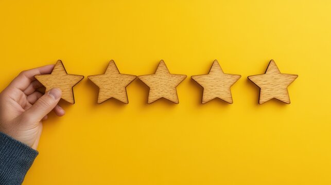Hand placing fifth star, five-star rating, yellow background, customer satisfaction