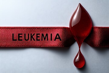 Awareness ribbon with leukemia text and a blood drop representing the disease
