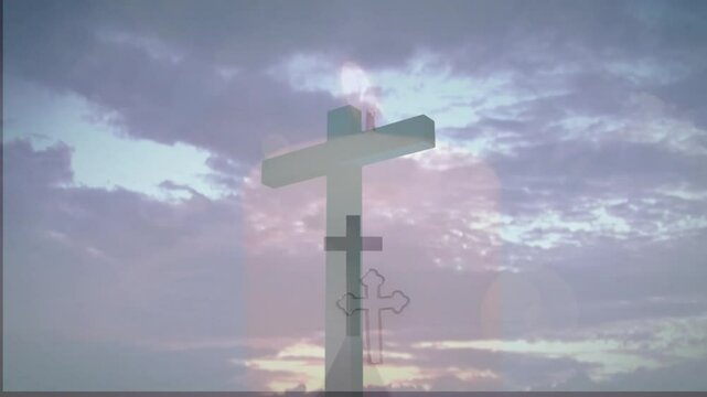 3D render cross silhouette dominating center, clouds swirling pastel sky, ornate outline glowing
