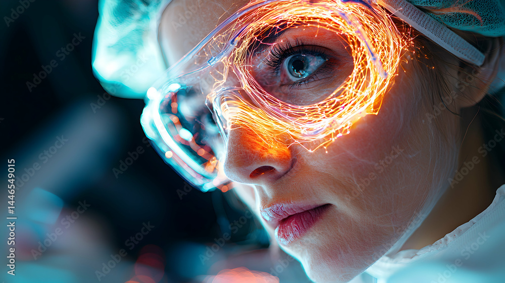 Poster a close-up image shows a person's eye with futuristic glasses. energy flows around the eyewear poten