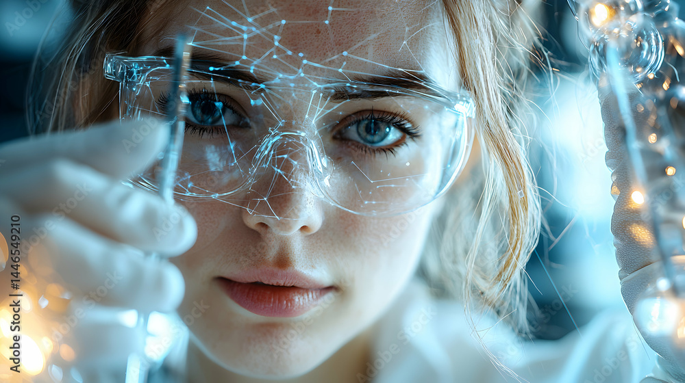 Poster a scientist peers intently through futuristic goggles holding a lab instrument. it evokes innovation