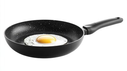 Fried egg in a black speckled frying pan.