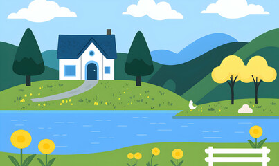 Naklejka premium Quaint home by the water. Rolling hills, blue sky, and lush greenery complete the peaceful, idyllic scene