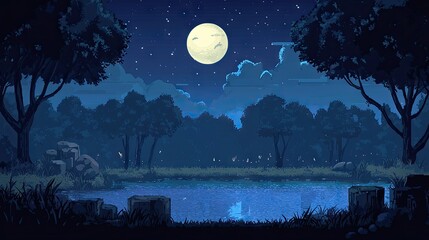 Naklejka premium Peaceful night scene of a tranquil woodland pond.