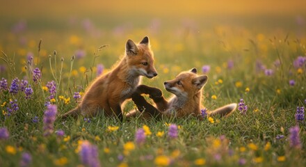 Fox cubs playing in a flower field (Photo)