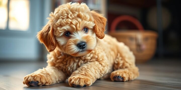 Adorable fluffy curly toy poodle puppy playing, playful, toy poodle