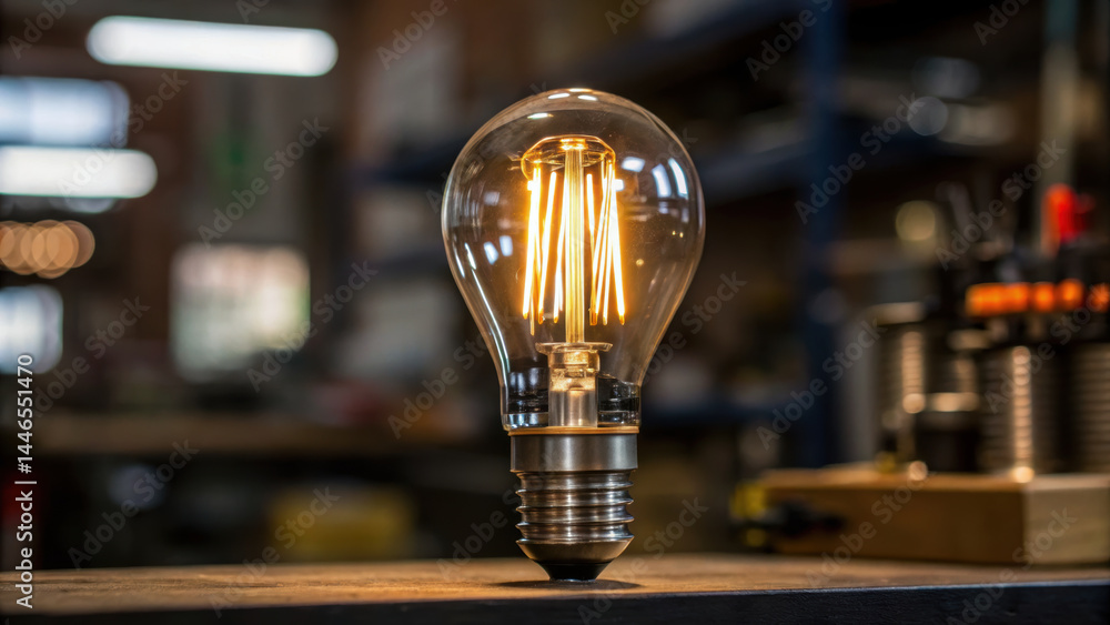 Aufkleber glowing light bulb stands on wooden surface in workshop filled with tools and woodwork creating warm
