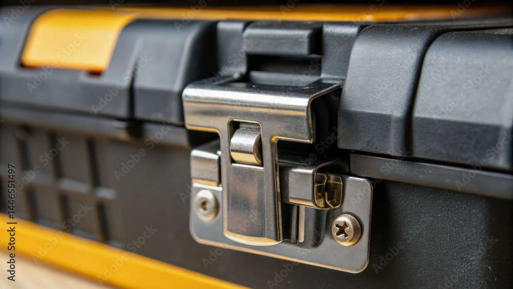 Poster close up of metal latch on black and yellow toolbox in workshop woodwork environment with focus on h