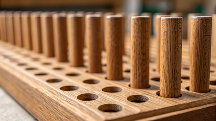 Wooden pegs neatly arranged in woodwork workshop create warm and organized atmosphere with natural textures and craftsmanship