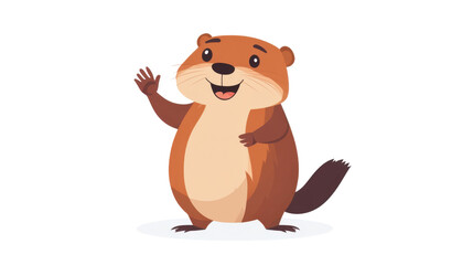 Fototapeta premium cartoon beaver standing upright waving friend on white background