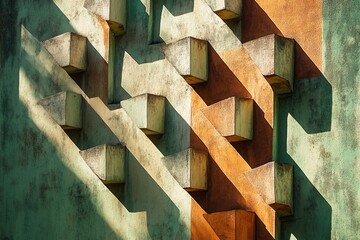 Abstract geometric architecture, interplay of light and shadow on weathered concrete blocks.