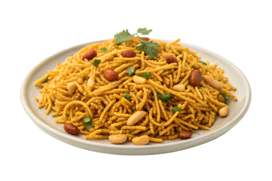 indian snacks sev bhujia in a plate isolated on a transparent background