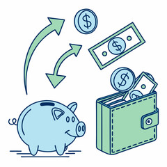 Cute Financial Illustration Piggy Bank Wallet Money Cartoon Icon Set